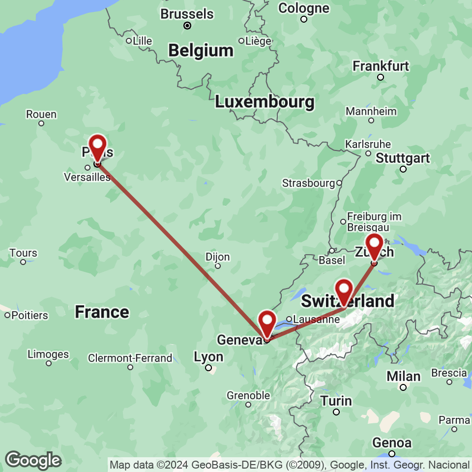 Route for Paris, Geneva, Interlaken, Zurich tour